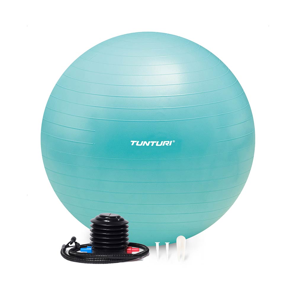 Tunturi Anti Burst Fitness bal met Pomp - Yoga bal 75 cm - Pilates bal - Zwangerschapsbal – 220 kg gebruikersgewicht - Incl Trainingsapp – Turquoise